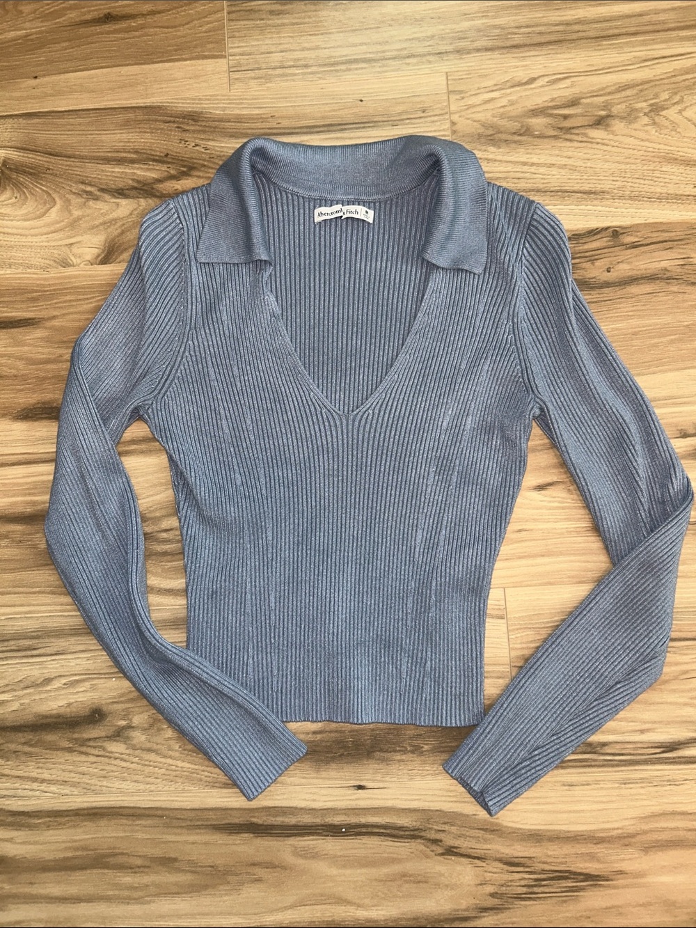 Abercrombie & Fitch Dusty Blue Ribbed V-Neck Collared Sweater